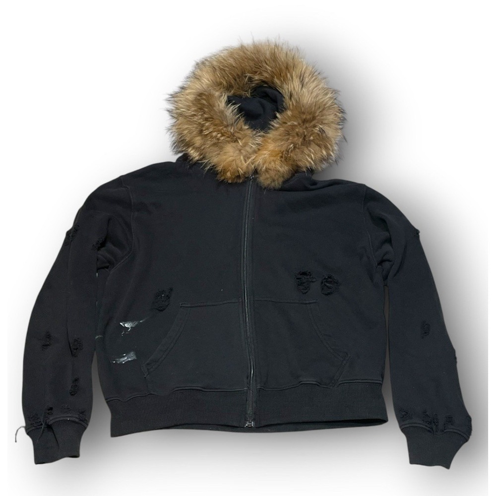 Soundless Era Distressed Zip-Up Hoodie - Faux Fur Hood - Black - Size M - Rare